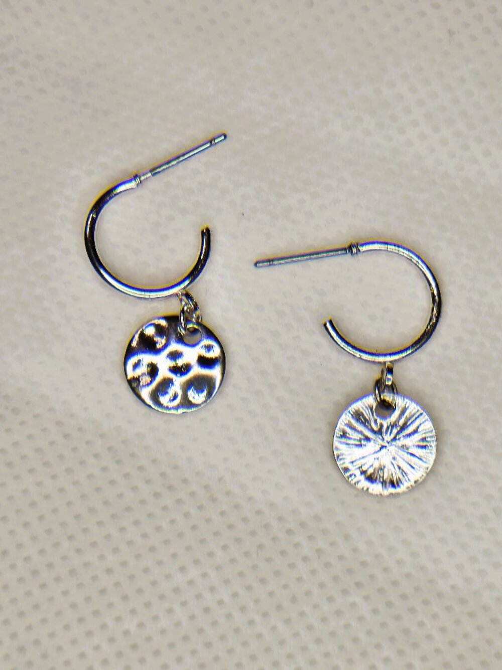 Silver Tone Hammered Disc Dangle Hoop Earrings